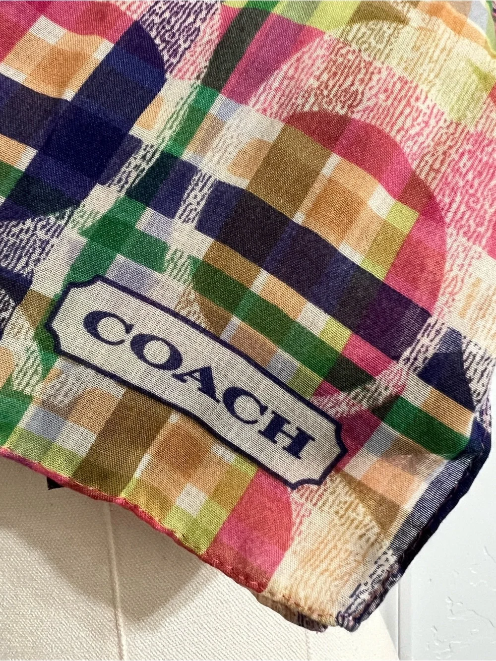 Coach Multi Signature Madras Plaid Stripe Oblong Wrap Scarf